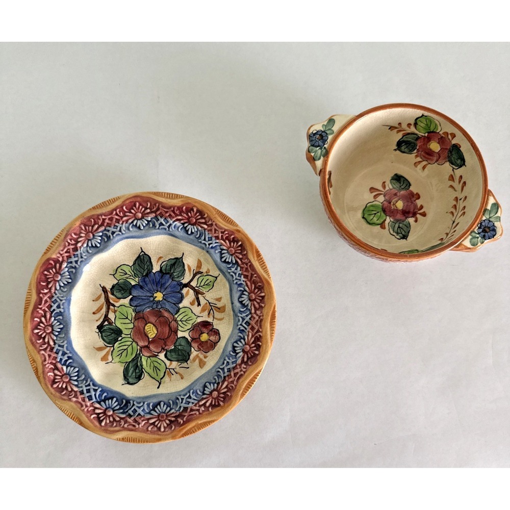 Antique Japanese Majolica Plate 7 3/8" Diameter and Bowl
